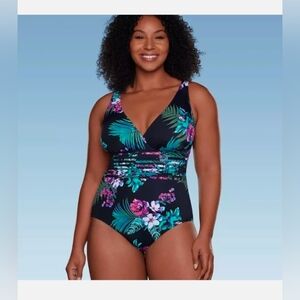 Aqua Green Women's Waist Detail One Piece Swimsuit Black Floral Size Medium